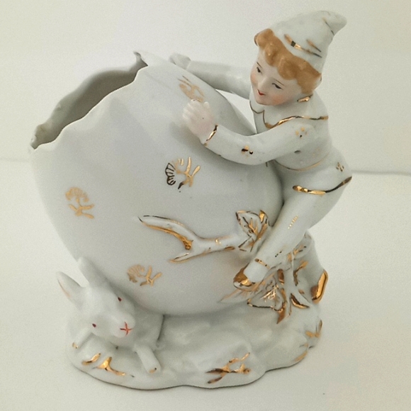 Vintage ceramic Easter pixie Boy egg planter with bunny